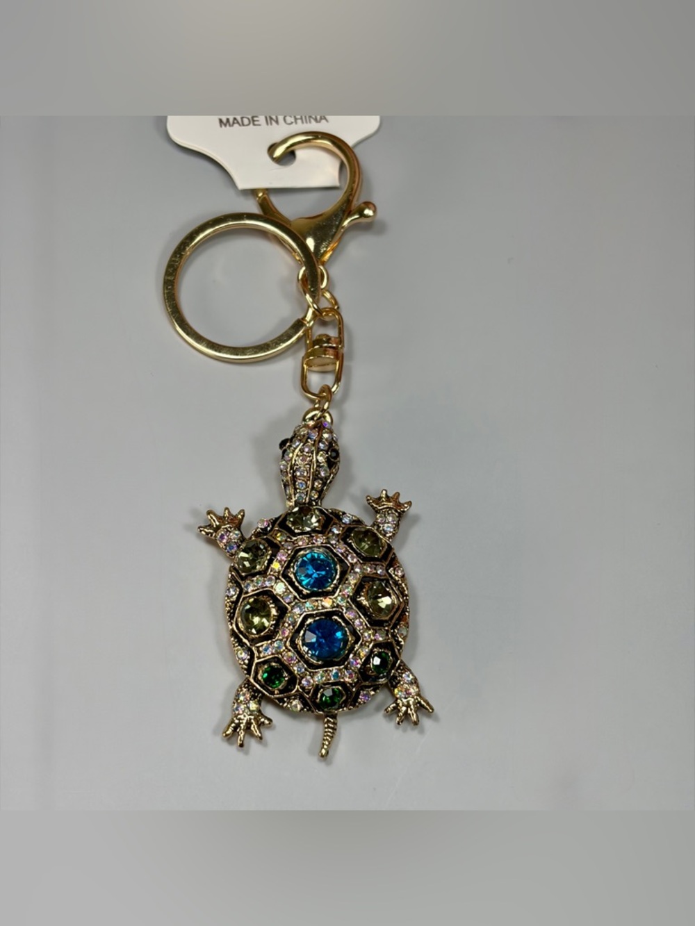 Sparkling Gold Turtle Keychain with Blue & Green Stones